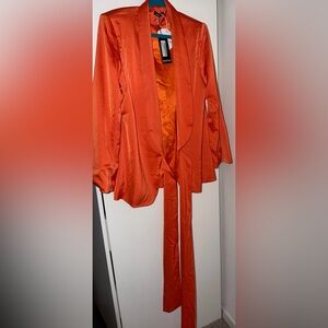 Vibrant Orange Satin Blazer with Ties and pants set